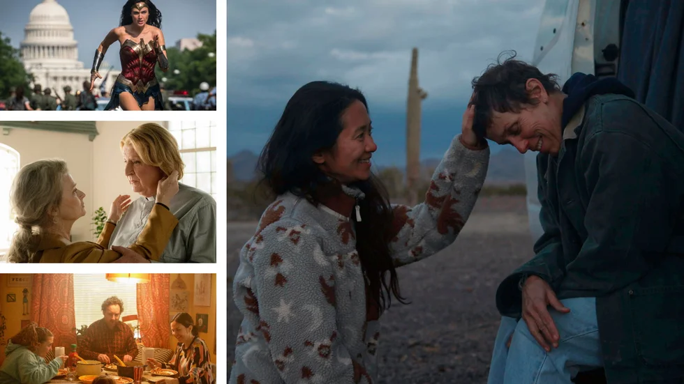 Gal Gadot i "Wonder Woman 1984", Lena Endre och Rolf Lassgård i "Min pappa Marianne", Uje Brandelius och hans familj i "Spring Uje spring", samt regissören Chloé Zhao tillsammans med Frances McDormand vid inspelningen av Nomadland.