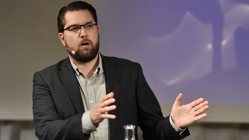 SD-ledaren Jimmie Åkesson håller sitt hösttal när Sverigedemokraternas kvinnoförbund har utbildningskonferens.
