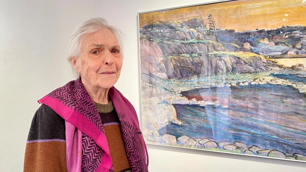 Aina Larsson arbetar gärna i akvarell och använder ofta både penslar och akvarellkrita. Målningen visar en vy utanför Gerlesborgsskolan i Bohuslän. 
