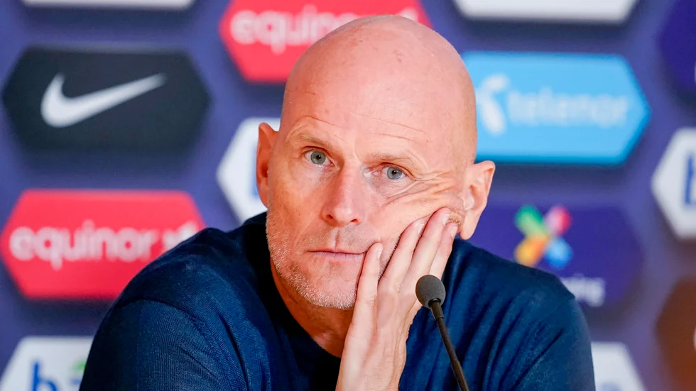Norges förbundskapten Ståle Solbakken på tisdagens presskonferens efter VM-kvalmatchen mot Gibraltar.