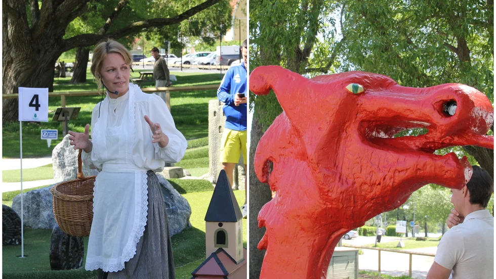 Sara Heine (tv) guidade tillsammans med Ansi Jönson runt bland de historiska golfhålen med miniatyrbyggnader från Sigtuna stad. Till höger en detalj från vikingabåten som står i golfbanan. 