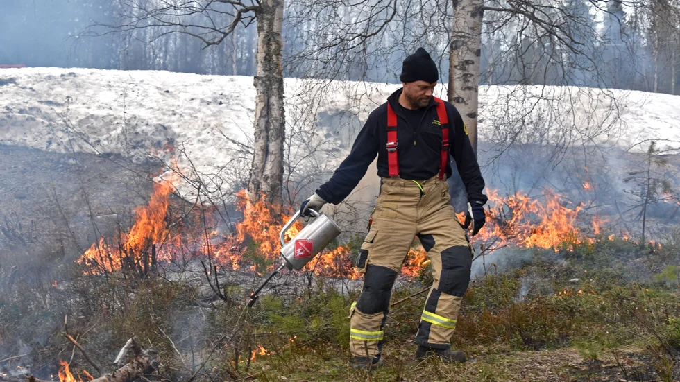 Under fredagen höll brandmännen i en övning där man eldar kontrollerat runt en brand så att den inte kan sprida sig. På bilden Patrik Nordström. 