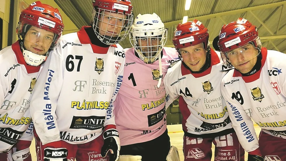 Fem pigga nyförvärv. Målilla har fått en kvintett duktiga spelare inför säsongen. Från vänster: Hampus Karlberg, Erik Karlsson, Jonas Persson, Fredrik Johansson och Stanislav Klyushanov. Ikväll är det premiär. Foto: Olof Carlsson