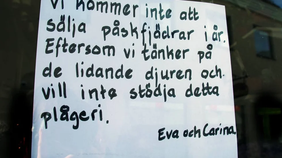 Butiken har satt upp en lapp på dörren där de förklarar varför de inte säljer påskfjädrar.