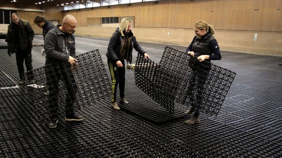 Nytt självbevattnande underlag läggs i stora ridhuset på Mjölby ridskola. Magnus Norrbom, Amanda Gustafsson och Ingrid Törnblom med plastkassetterna som ska ligga under sanden.
