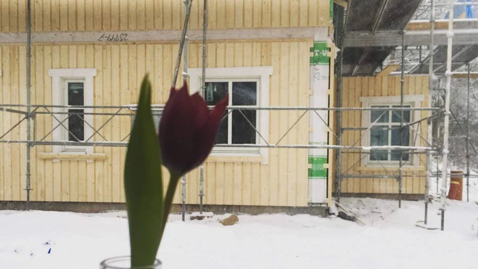Från sommarstugan på 50 kvadratmeter kan familjen Alsér följa sitt husbygge på nära håll.