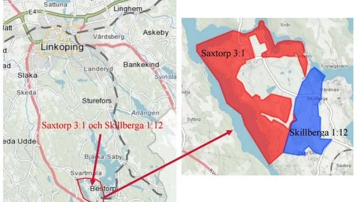 Området mellan de röda och blå markeringarna är golfbanan i Västerby.