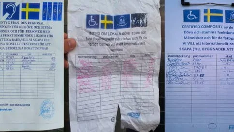 Lappar. Sveriges dövas riksförbund har samlat in några av de lappar som har visats upp i samband med bedrägerierna.