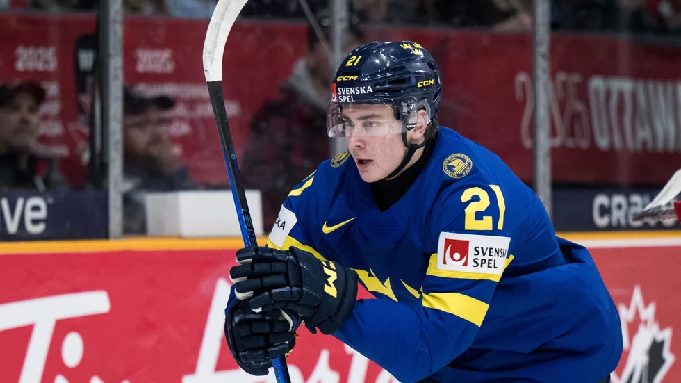 Herman Träff jublar efter ett av sina två mål i gruppfinalen mot Tjeckien.