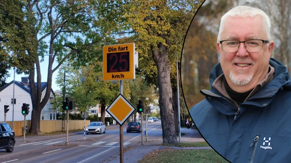 Hastighetsskylten iAllén i Västervik och Christer Ramström planerare på samhällsbyggnadsenheten i Västerviks kommun.
