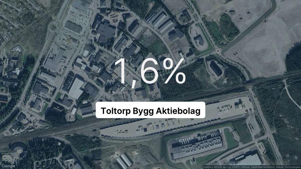 Illustrationen visar rörelsemarginalen för Toltorp Bygg för det senaste året. Bakgrunden är en satellitbild över företagets adress.