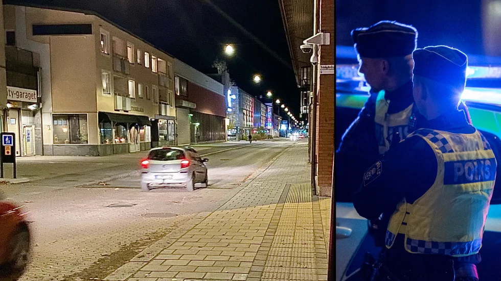 Misshandeln inträffade nattetid här på Storgatan. En del av bevisningen: polisens övervakningskamera vid stadshuset (se stora bildens högra kant). Nu har 30-åringen häktats eftersom tingsrätten anser att det finns risk att han, om han försätts på fri fot, lämnar Sverige.