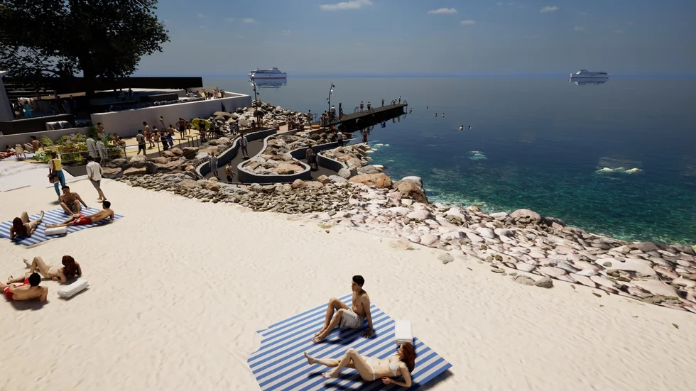 Region Gotlands skiss över nya stranden och bryggan vid Kallis i Visby, med trädäck och ramper. 
Nya bryggan blir högre och bredare än den gamla, för att inte "bli lika ansatt" som den tidigare.
