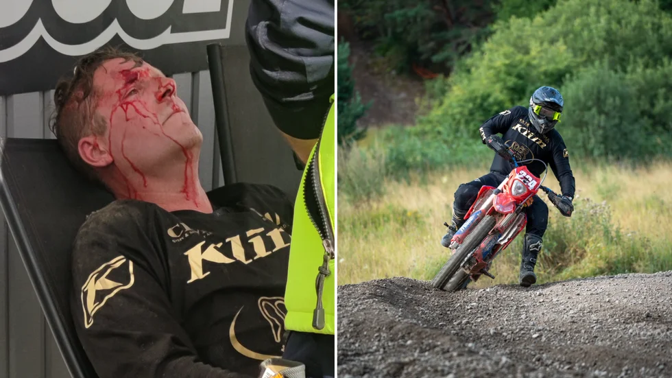 Peter Bysell körde omkull under sluttimmarna av Gripendygnet. "Jacket i pannan ser nog värre ut än det var, det som gör mest ont är revbenet och lårkakan", hälsar Strängnäsbon – här också fotograferad före kraschen i årets upplaga av den dygnslånga endurotävlingen vid Lagnö.