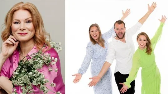 Lotta Källström håller i allsången tillsammans med Marcus och Clara Fyrberg och Linn Liljeblad.