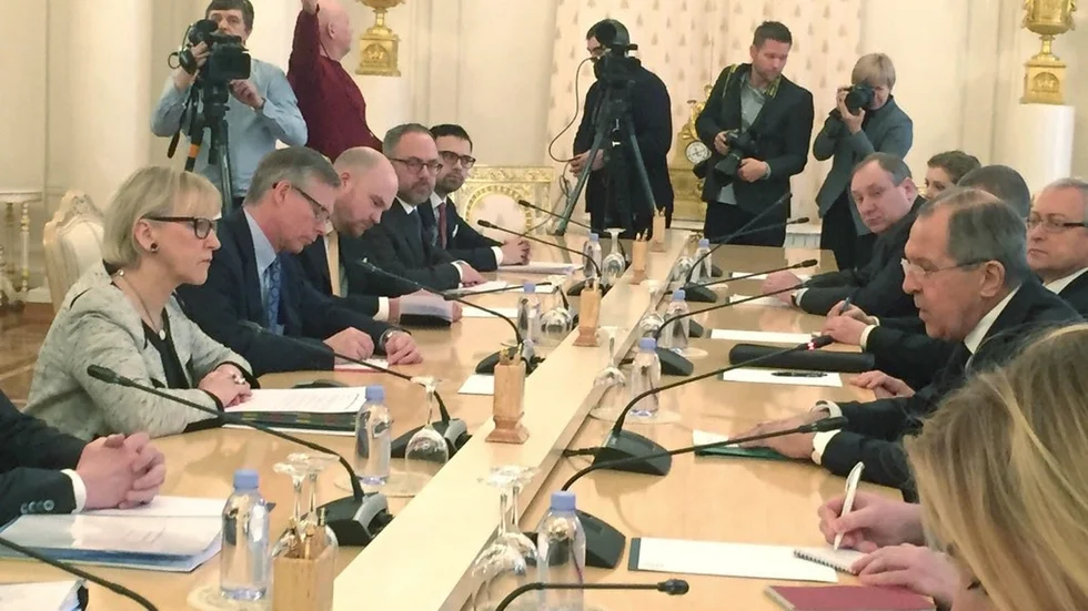 Margot Wallström (S) under sitt möte med Sergej Lavrov i Moskva.