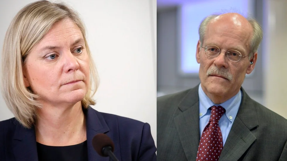 Finansministern Magdalena Andersson vill sälja brandbilen, riksbankschefen Stefan Ingves vill ha den kvar. Foton: Christine Olsson och Marcus Ericsson / TT