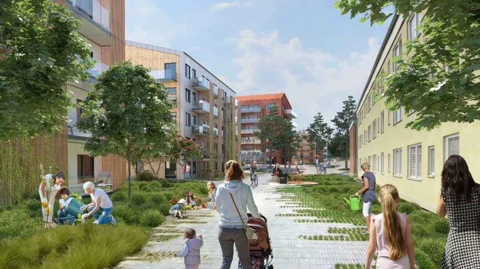 Victoria parks planer omfattar över 400 nya lägenheter i Skiftinge. Skissen visar stråket mellan den befintliga och den nya bebyggelsen vid Vårvägen.
