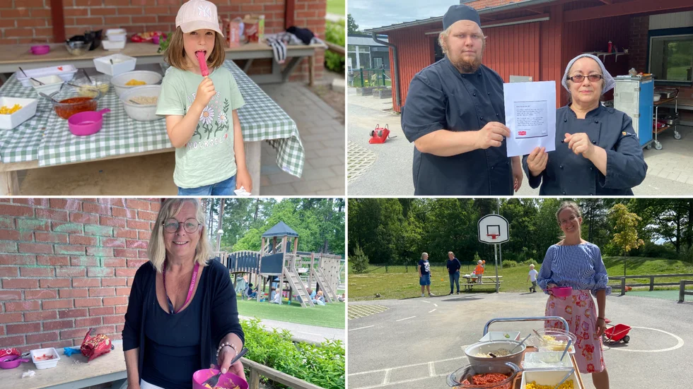 Trollskogens förskola firade när nomineringen till White guide junior uppmärksammades. Nika Rodic firade med glass efter tacobuffén, kockarna Fredric Karlsson och Delia Beddings håller upp nomineringen, föreskolerektorn Annica Linde lät sig väl smaka liksom kommunens måltidschef Karin Lundell.