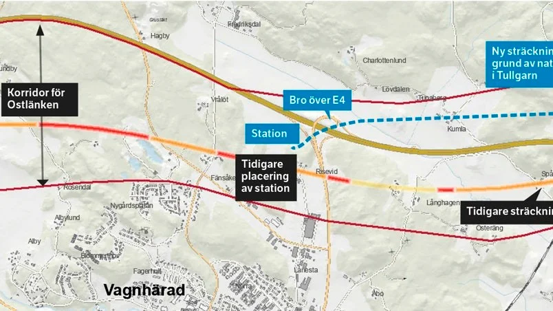 I stället för att gå söder om motorvägen som planerat ska snabbjärnvägen gå i en tunnel norr om E4. Beroende på vilket alternativ som väljs blir tunneln 3,2 eller 3,7 kilometer lång. I höjd med Vagnhärad ska den gå i en bro över motorvägen till Vagnhärads station.