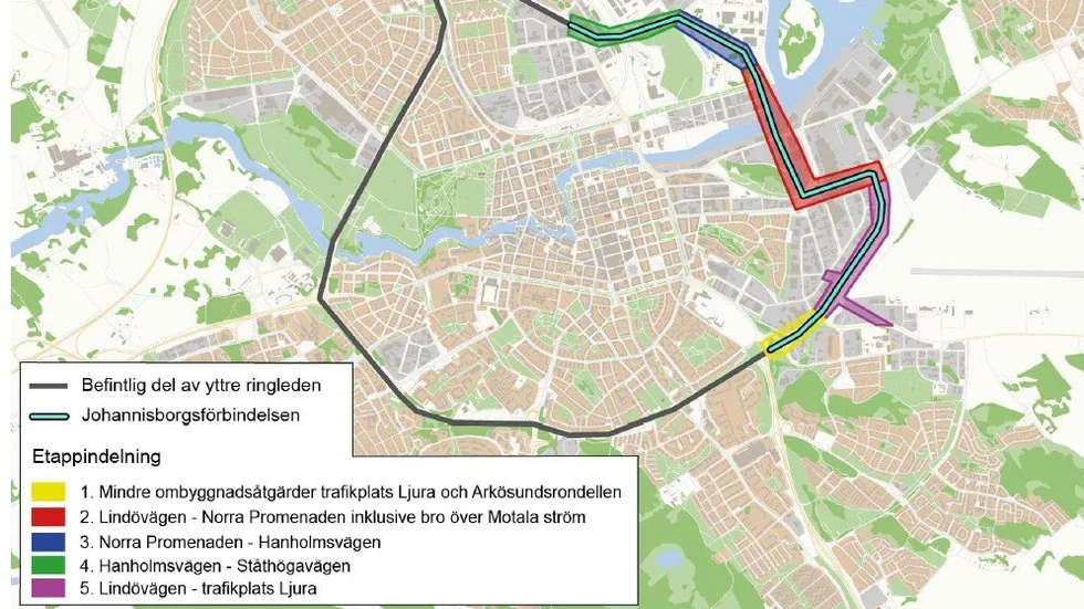 Den nya ringleden runt Norrköpings stadskärna kommer att se ut så här. Sträckan i olika färger är dete nya, vägarna i resten av cirkeln finns redan. 