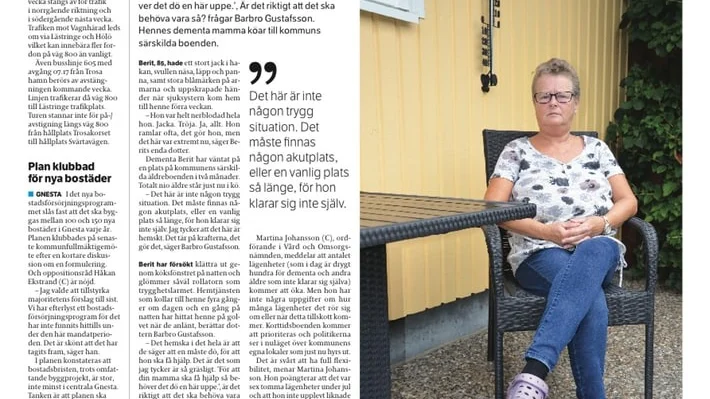 Insändarskribenten reagerar på Martina Johansson kommentarer kring bristen på platser inom äldreomsorgen i Trosa i SN den 4 oktober.