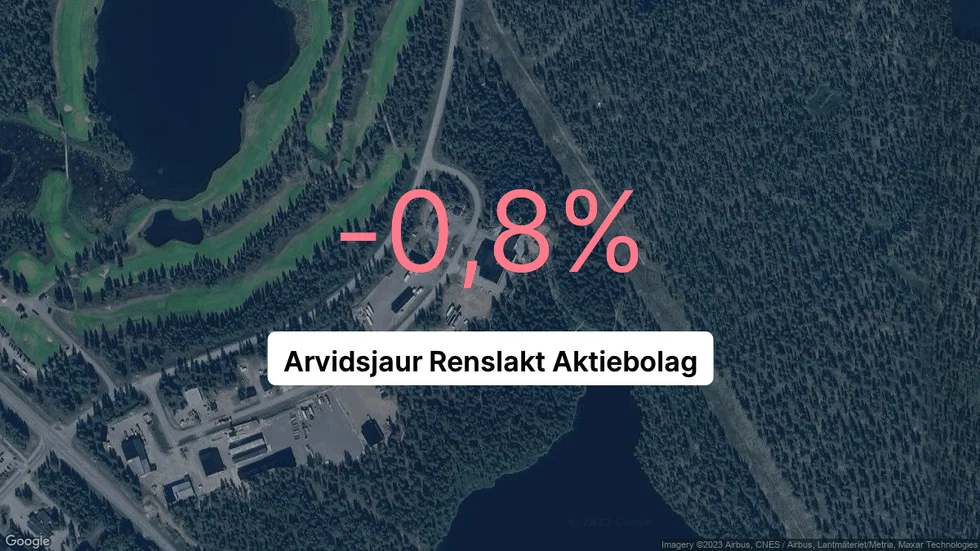 Illustrationen visar rörelsemarginalen för Arvidsjaur Renslakt för det senaste året. Bakgrunden är en satellitbild över företagets adress.