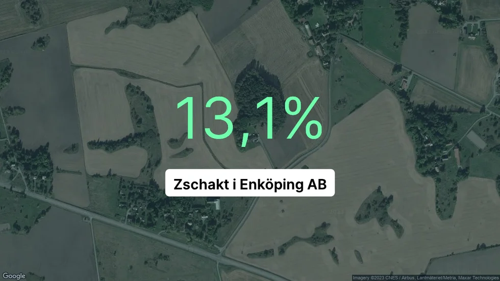 Illustrationen visar rörelsemarginalen för Zschakt i Enköping för det senaste året. Bakgrunden är en satellitbild över företagets adress.