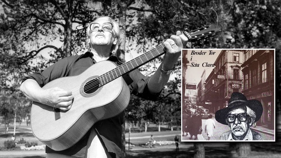 "Broder Tor" (Tor Bergner) på besök i Luleå 1983. Till höger omslaget till lp:n ”Broder Tor i S:ta Clara” (1981). Bilden i bakgrunden är tagen i hörnet Drottninggatan-Klarabergsgatan, 1950-talet.