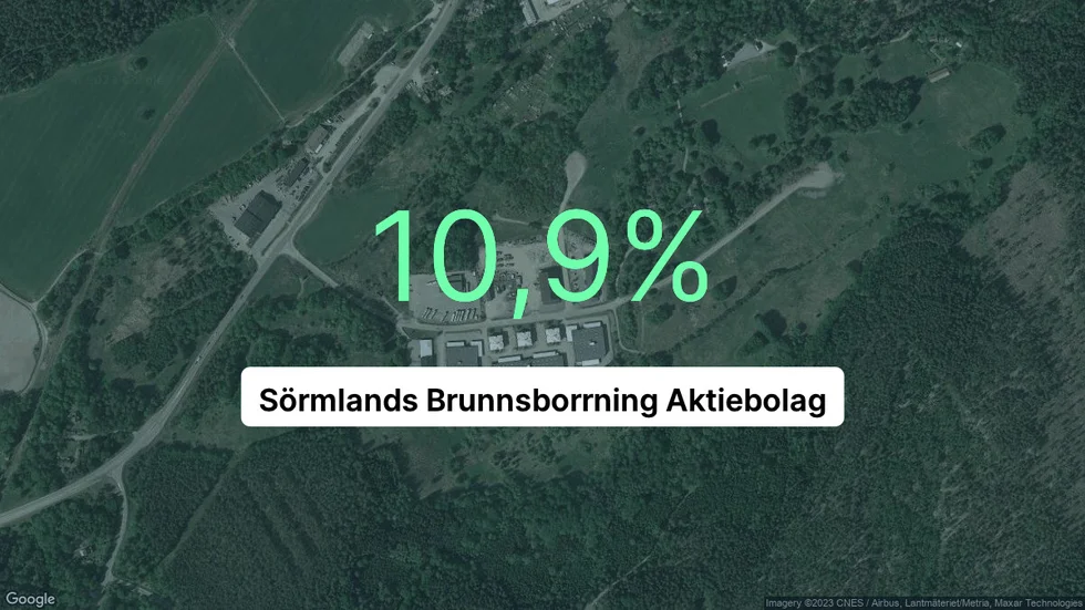 Illustrationen visar rörelsemarginalen för Sörmlands Brunnsborrning för det senaste året. Bakgrunden är en satellitbild över företagets adress.