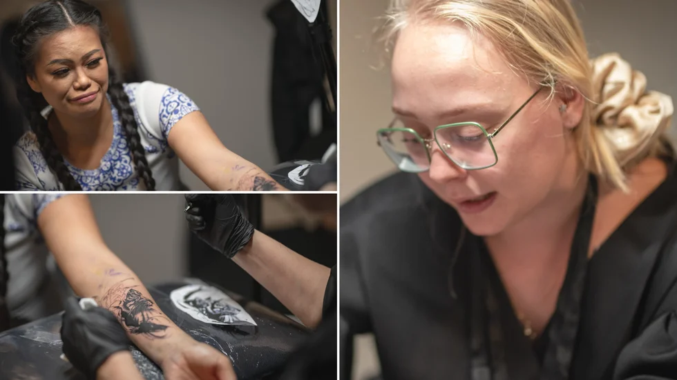 Taggad för livet. Tatuerarlärlingen Sofie Öberg, 26 år, bjöd kunden Maya Jaikaew, 33 år, på en "gratisgadd" i form av en stor svartvit tiger under helgens tatuerarmässa Arctic Ink Fair i Luleå. "Jag har tränat mycket på 'fejkhud' tidigare. Nu är det ännu mer praktiskt lärande med mentorerna på Blessed Ink", säger  Sofie.