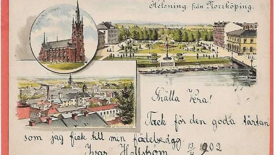 Vykort med tre ritade motiv från Norrköping.