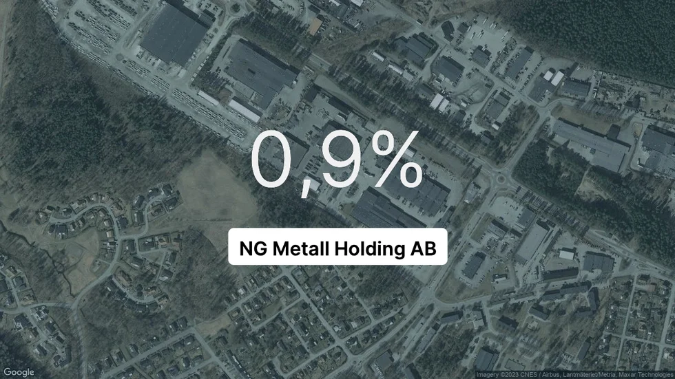 Illustrationen visar rörelsemarginalen för NG Metall Holding för det senaste året. Bakgrunden är en satellitbild över företagets adress.