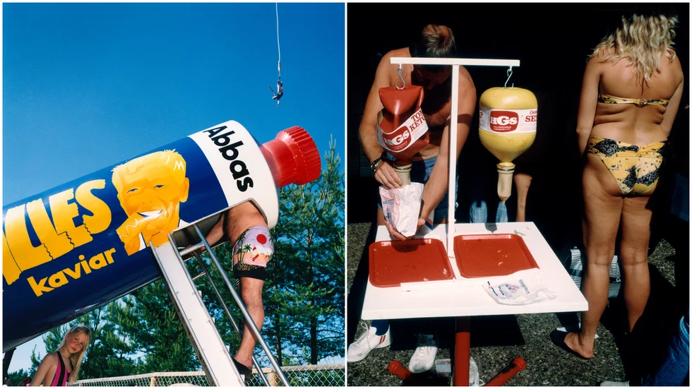 Två fotografier av Lars Tunbjörk från Skara sommarland, ur serien "Landet utom sig" (något beskurna).