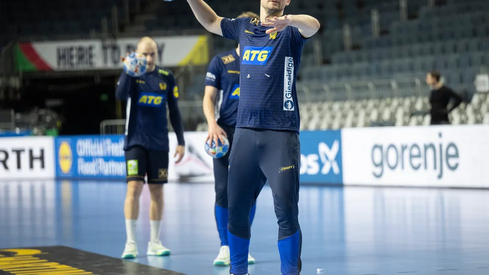 Hampus Wanne på Sveriges träning i Lanxess Arena i Köln.