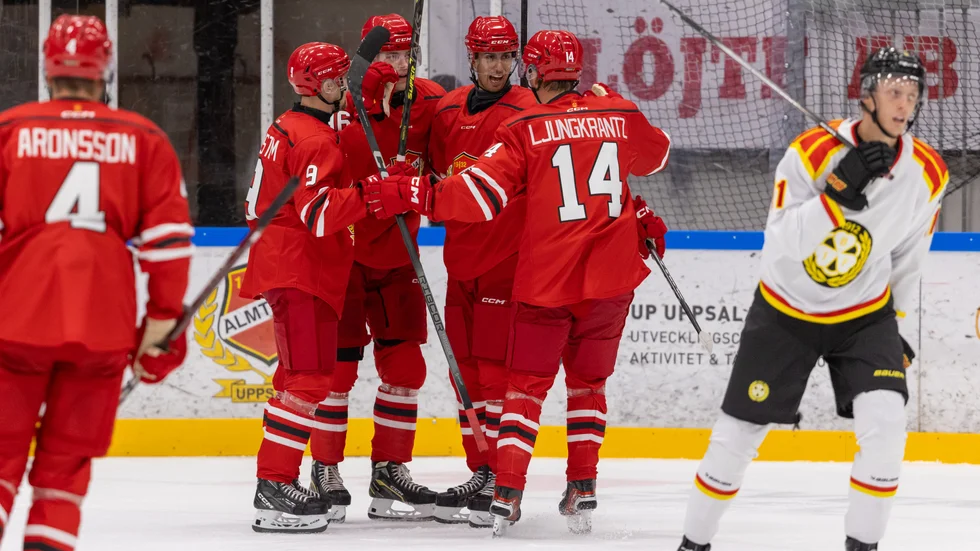 Almtunajubel hemma mot Brynäs. William Proos klappas om efter att ha kvitterat till 1-1. Proos gjorde ytterligare ett mål, 5-3, i öppen kasse. 