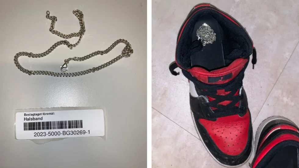 I 16-åringens sko hittade polisen det stulna halsbandet.(Bilderna är hämtade ur förundersökningen.) 