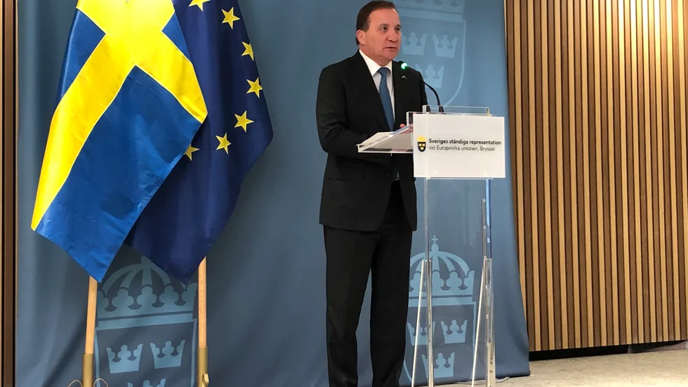 Statsminister Stefan Löfven (S) träffar pressen i samband med veckans EU-toppmöte i Bryssel.