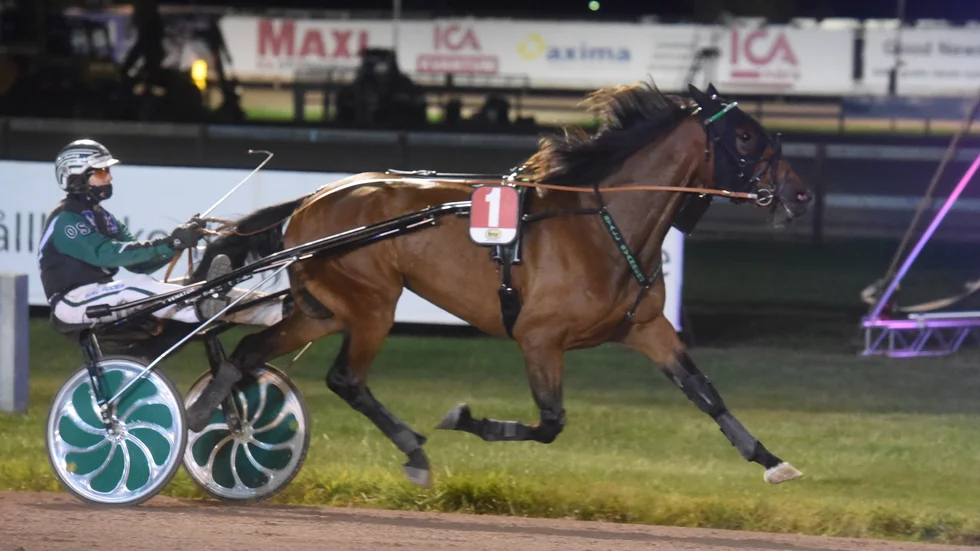 Joel di Quattro skär mållinjen som vinnare i Hästägarepokalen lopp på Mantorpstravet.