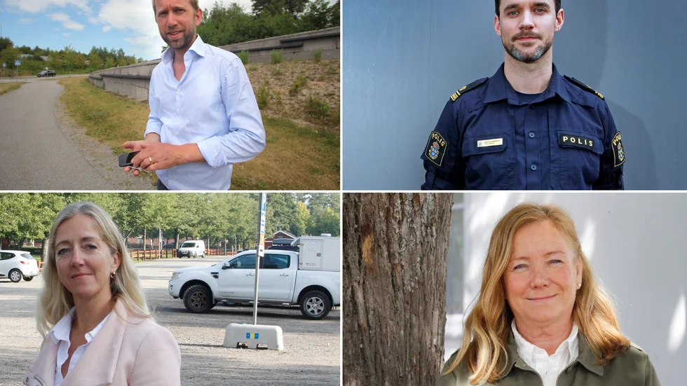 Kommunstyrelsens ordförande Jacob Högfeldt, polisen Nikolas Persson, föräldern Annika Grundberg och rektorn Nina Lidfors är samtliga bekymrade över trafiksituationen i närheten av Gripsholmsskolan.