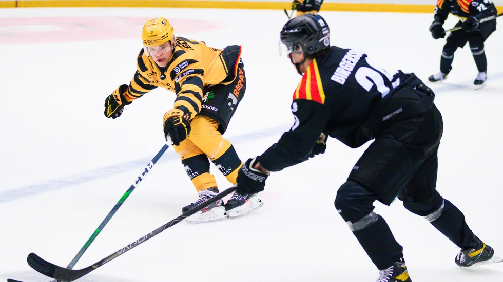 Oscar Eriksson, till vänster, här i en SHL-match mot Brynäs innan han lånades ut till Södertälje SK.