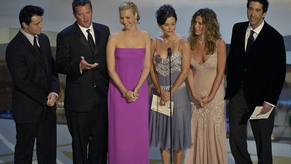 Matt LeBlanc, Matthew Perry, Lisa Kudrow, Courteney Cox Arquette, Jennifer Aniston och David Schwimmer spelade huvudrollerna i "Vänner". Arkivbild.