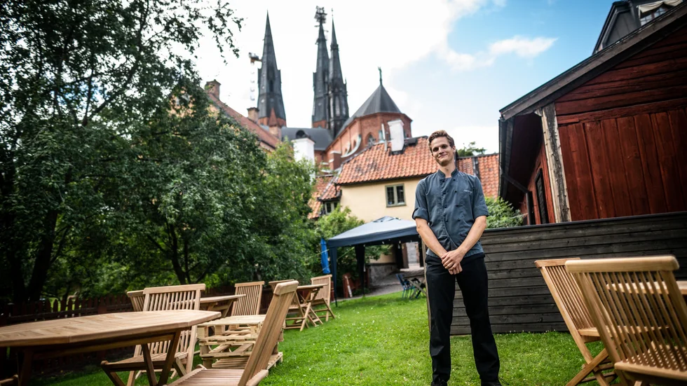En bar är på plats och borden står utspridda i den lummiga parken. Bakom tornar domkyrkan upp sig.