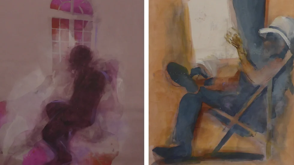 "Rodin", namngiven efter den franske skulptören, och "Tidningsläsare". Målningar av Örjan Wikström. 
