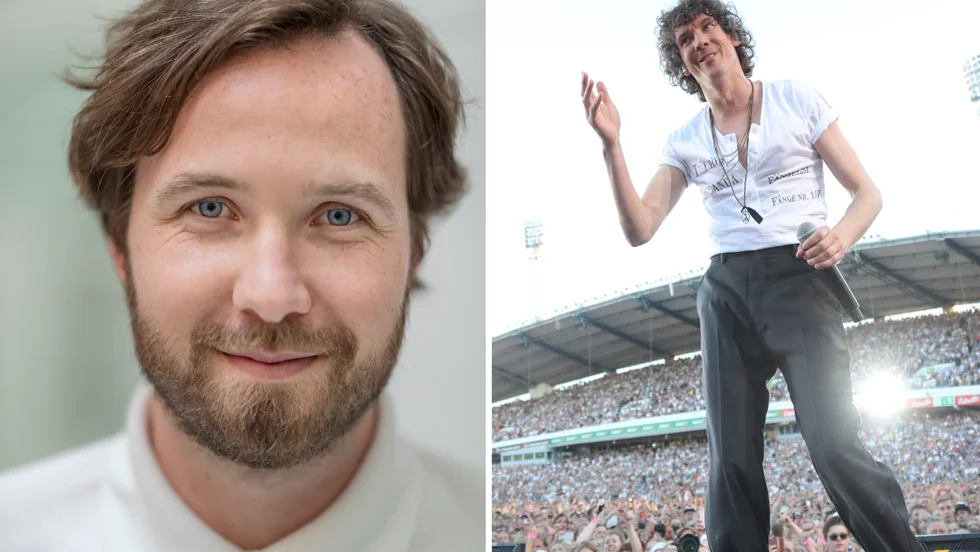 Vilhelm Blomgren, till vänster, har upptäckt Håkan Hellströms musik under sedan han blev involverad i den kommande uppsättningen av  "Kärlek skonar ingen".