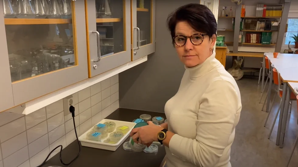 Naturkunskapsläraren Malin Tiger Nyrén förbereder ett experiment. Bilden är tagen ur en informationsfilm från Thomasgymnasiet.