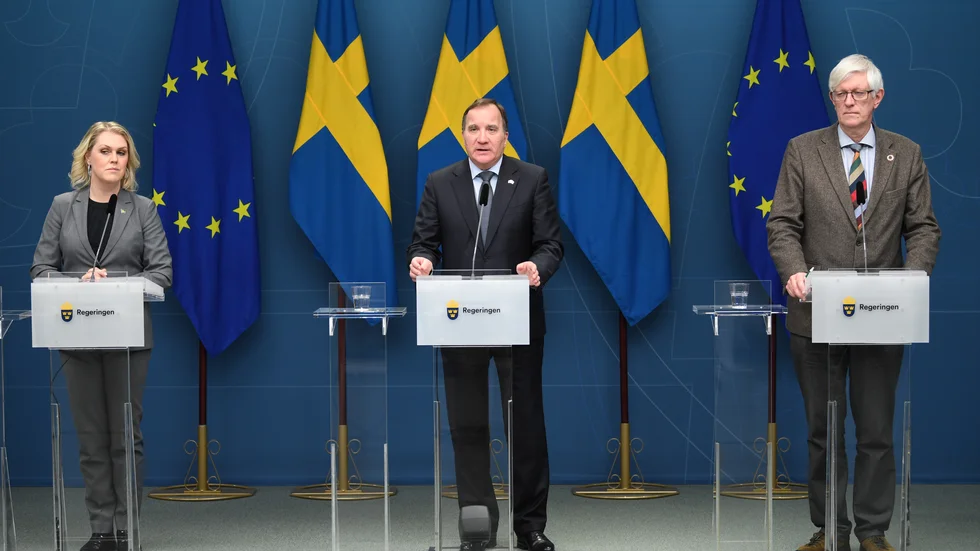 Socialminister Lena Hallengren, statsminister Stefan Löfven och Folkhälsomyndigheten Johan Carlson deltar på dagens digitala pressträff.