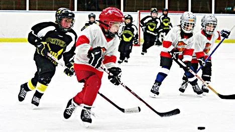 Glada tjejer spelade hockey.