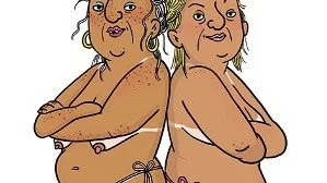 Doris och Bettan är ett pensionärspar som tar sig an omgivningen med drinkpinnar och hängbröst. Pressbild.
