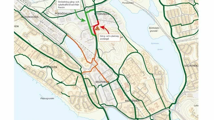 Rekommenderade gång- och cykelvägar när Haparandavägen stängs av.
